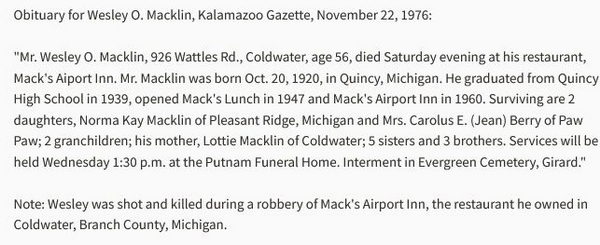 Macks Lunch - Wesley Orville Macklin 1920-1976 Obituary (newer photo)